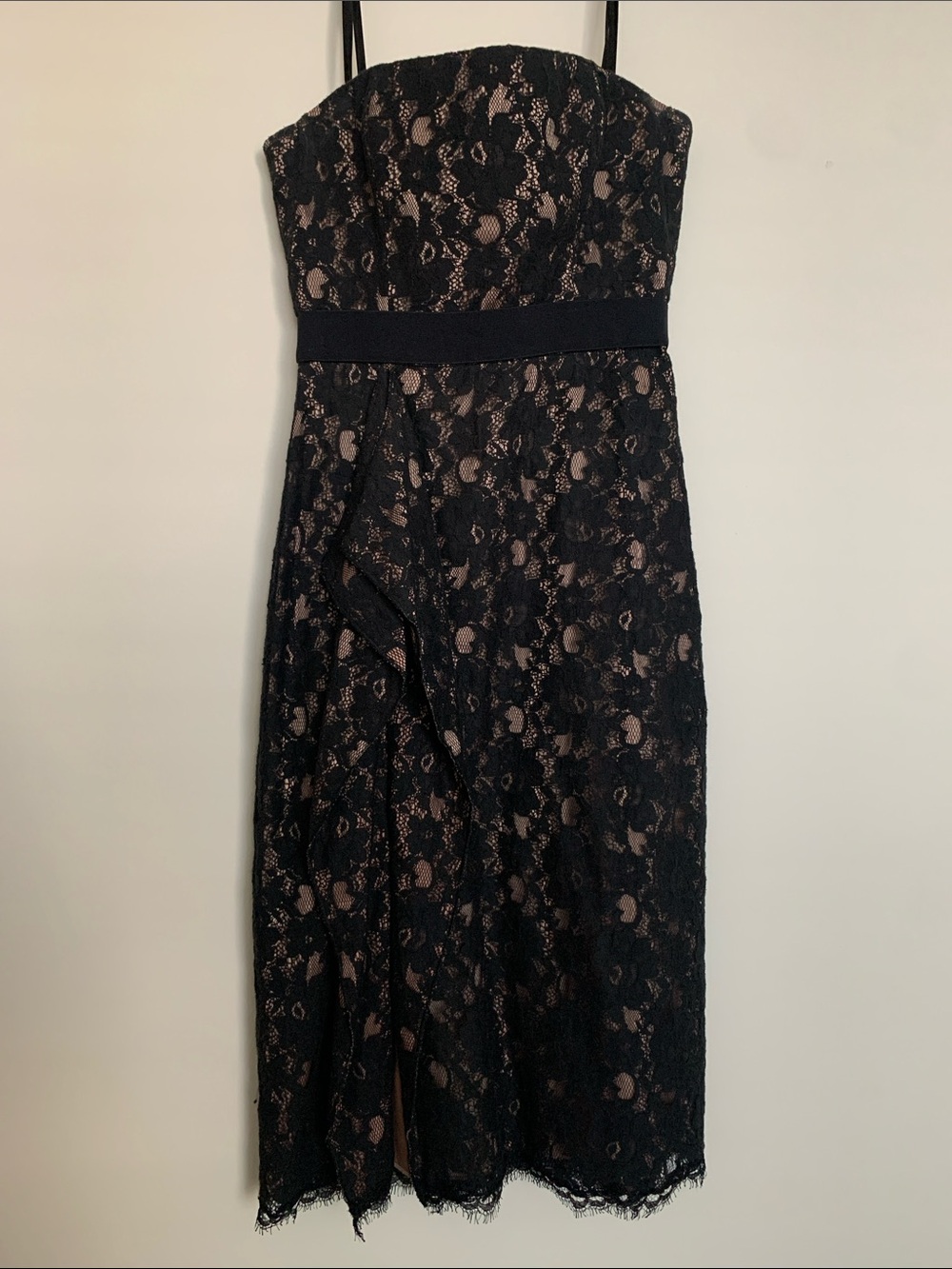 BCBGMaxAzria “Alexandra” Black Lace Midi Dress with Nude Underlay